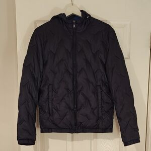 Navy Blue Quilted Down Jacket with Hood